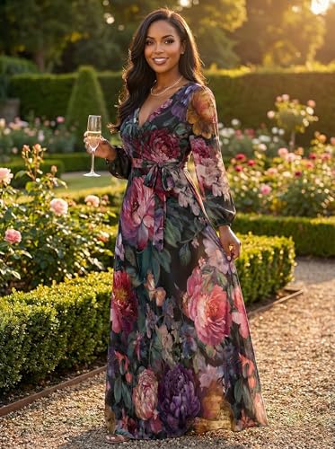 Image of SUZONANA Plus Size Dresses for Women Floral Print Maxi Dress Flowy 3 /4 Sleeve with Belt