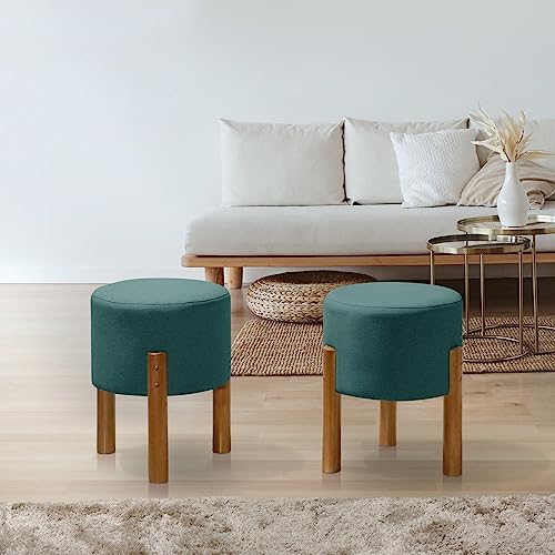 Kit 2 Puff Banquinho Redondo Decorativo em Linho Cor Verde Menta Pés Madeira Maciça Thor – Lojas MS