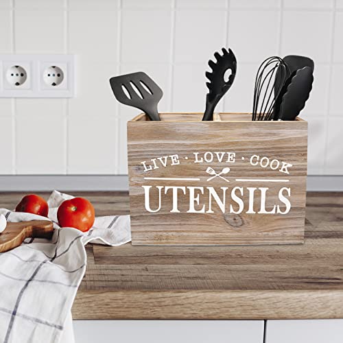 Karisky Kitchen Utensil Holder For Countertop, Farmhouse Solid Real Wood Utensil Caddy With Removable Bottom, 2 Compartments Utensil Crock Flatware Organizers For Kitchen, Nature #TOP1