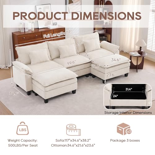 Image of IPKIG 117 inch Modular Cloud Couch with Storage, U Shaped Sectional Sofa with Ottoman & Pillow, Chenille Deep Seat Sectional Couches for Living Room, Apartment, White