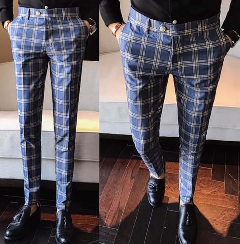 Men's Plaid Suit Pants Daily Business Casual Office Trousers 5