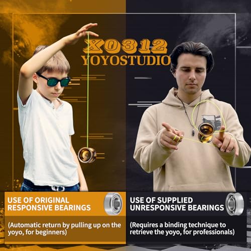 YOYOSTUDIO Yoyo Professional Responsive Yoyo X0312 for Kids Beginner, Dual Purpose Fingerspin Yo yo for Adults with Unresponsive Yoyos Bearing Kit, 10 Yo-Yo Strings, Case & Glove - Black and Gold