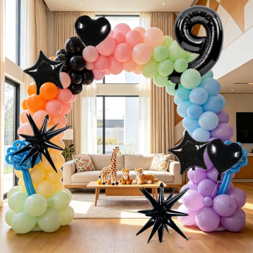 Image of TONIFUL 9th Birthday Balloons Kit 40 Inch Black Large Number 9 Foil Balloon | with 18Inch Helium Mylar Heart Star Balloons for Kids Women Men Birthday Anniversary Graduation New Year Eve Party Decoration