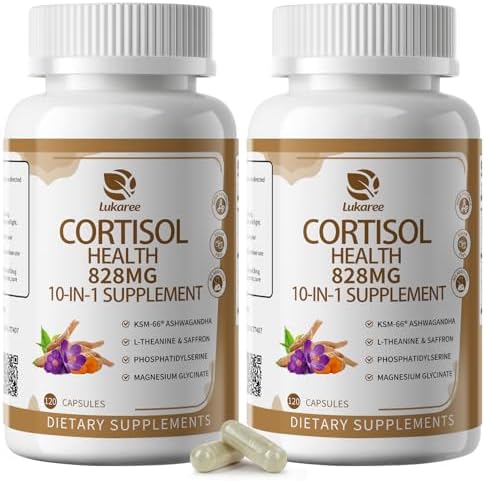 10-IN-1 Cortisol Supplements w/ KSM-66® Ashwagandha 300mg + L-Theanine 250mg, Magnesium Glycinate, Saffron, Phosphatidylserine, Turmeric & Vitamin C D3 B6 B5, For Women Men, 120 Capsules 2 Pack