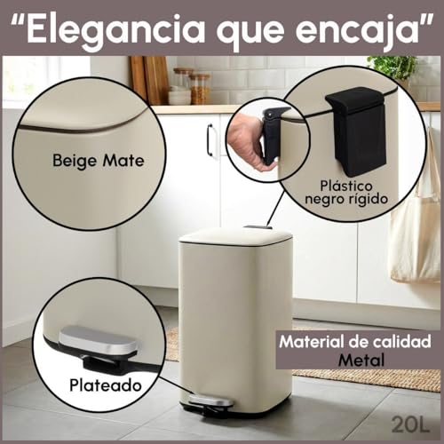 Miniatura 4 de Papelera De Pedal Cuadrada De 20 Litros. Cuerpo De Metal Galvanizado Pintado Al Polvo En Color Beige. Con Cubo Interior De Polipropileno Extraíble Con Asa. Medidas: 37x27x45 Cm.