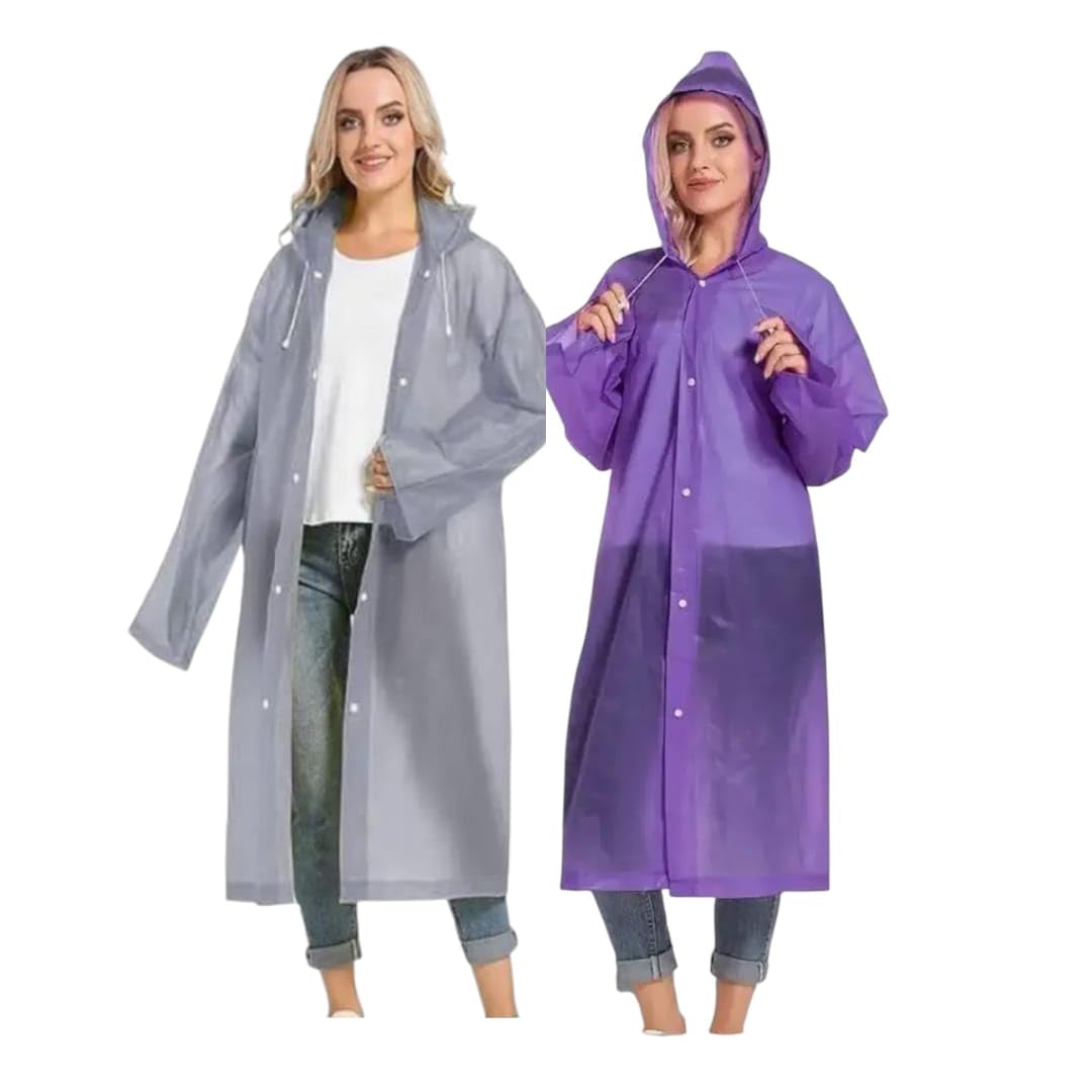 Natani Traders Reusable Raincoat for Women with Drawstring Hood, Snap Buttons, Hemmed Wide Cuff, 100% Waterproof, Grey and Purple, 2 Pack-image-20