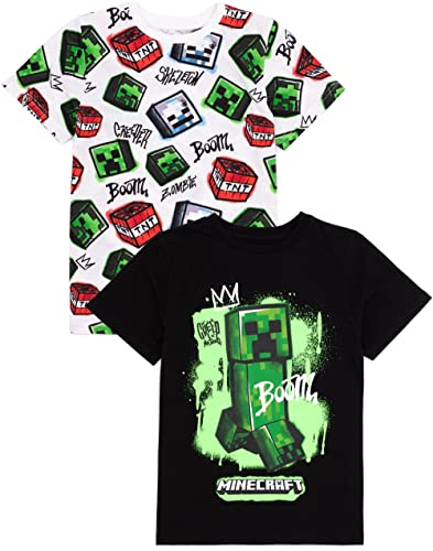 Minecraft Kids 2 Pack T-Shirt | Boys & Girls Black and White Short Sleeve Graphic Tee | Skeleton & Creeper | Multi-Pack Set
