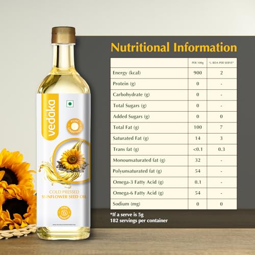 Image of Amazon Brand - Vedaka Cold Pressed Sunflower Oil 1L | Suitable For Cooking & Frying | Contains Mufa & Omega - 6 Pufa | Contains Natural Antioxidants And For All Types Of Cuisines