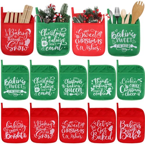 10 Pcs Christmas Pot Holders with Pocket Pot Holder Potholder Gift Hot Pads Heat Resistant Oven Mitts Cookie Bag for Kitchen Baking Cooking