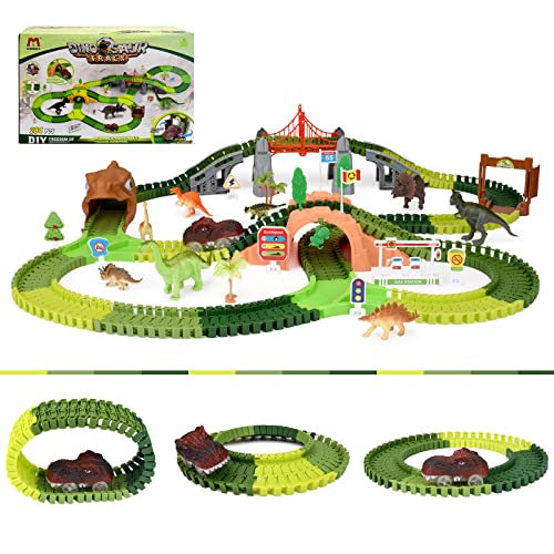 MONDEX 284 Pcs Dinosaur Car Race Track Toy-Dinosaur Toys with Flexible Train Track Playset Dino Toys, Bridge, Ramps and 1 Race Car Toys for Kids, Boys & Girls Ages 3+