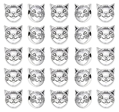 PH PandaHall 100pcs Cat Spacers Beads 8x8mm Tibetan Alloy Animal Kitty Head Beads Charms Antique Silver Cat Head Bead for Bracelet Necklace Earring Jewelry Making and DIY Craft hole: 2mm