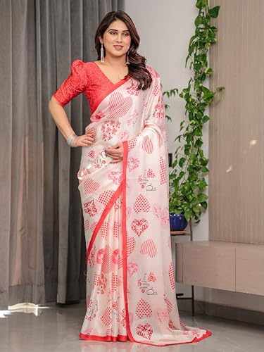 Image of ALMAARI FASHION Women's Floral Printed Georgette Satin Saree with Unstitched Blouse Piece | Traditional Ethnic Wear Sarees | Soft Lightweight Ethnic Office Wear Daily Wear Indian Sari (SG 161-170 H)