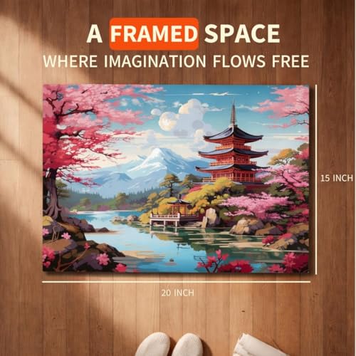 Image of Art Therapy Pcn24 Linen Canvas DIY Paint by Numbers Kit 15 x 20 Inch for with 2 Set of Acrylic Oil Painting Color Set with Brushes for Stress Relief & Home Decoration (Stillness of Sakura)