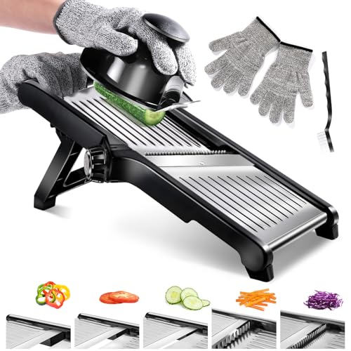 Masthome 5-in-1 Verstellbar Edelstahl Mandoline Gemüsehobel Gemüsereibe,Gurkenhobel Dünne Scheiben,Hobel Gemüse,Reibe für Gemüse,Küchenhobel Küchenreibe mit Schnittschutz Handschuhen & Bürste