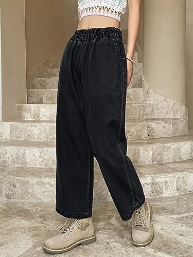 Image of Shasmi Girl's & Women's Denim Cotton Elastic Waist Cropped Straight Ankle Length Wide Leg Casual Baggy Jeans for Women, Trousers Pant for Women (Jeans 239)