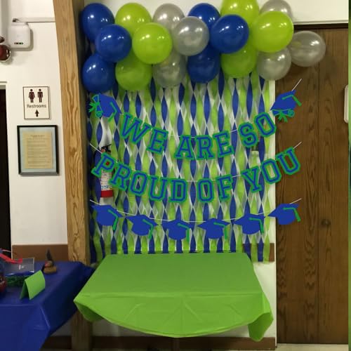 Image of We Are So Proud Of You Banner Graduation Party Decorations Congrats Grad Cap Garlands Wall Sign Blue Green