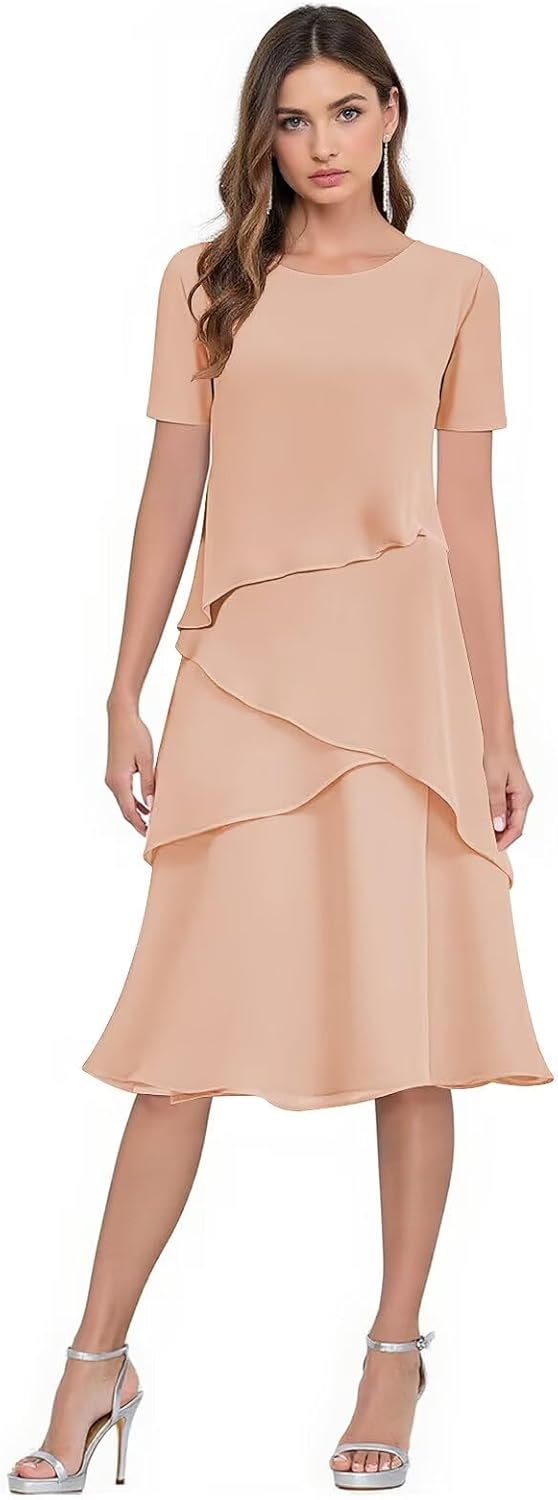 Ruffle Tea Length Mother of The Bride Dresses for Women Short Sleeve Chiffon Cocktail Wedding Guest Dress