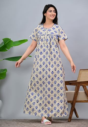 Image of DIAMO Pure Cotton Designer Nighty for Women | Night Gown | Nightdress | Maxi Nighty | Sleepwear | Jaipuri Nighty | Nighties | Cotton Night Gown for Women /Girls with Jaipuri Block Print