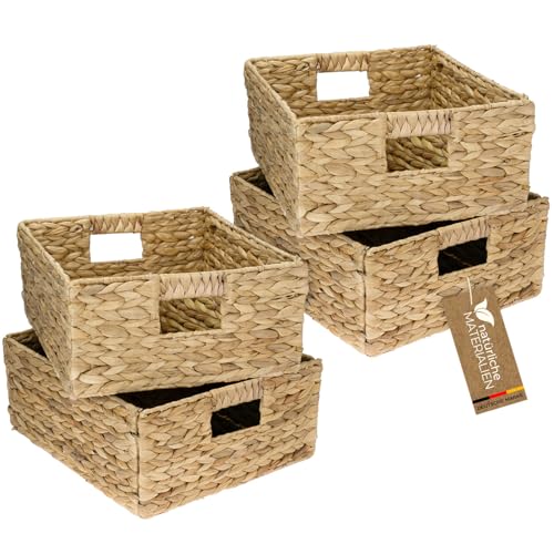 HMF Aufbewahrungskorb passend für KALLAX halbes Fach, Korb geflochten aus Wasserhyazinthe mit Griffen | 4er Set | 30 x 34 x 15 cm | Natur