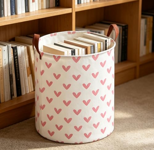 Image of 19.7 inch Pink Laundry Basket,Dirty Clothes Hamper,Waterproof Storage Bin,Room Decor(Pink Heart)