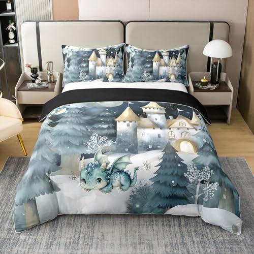 100% Natural Cotton Kids Boys Dragon Duvet Cover Twin Size,Cartoon Castle Wildlife 2 Pieces Duvet Cover,Mystery Night Jungle Pine Trees Comforter Cover (Not Comforter),Retro Tie Dyed Quilt Cover