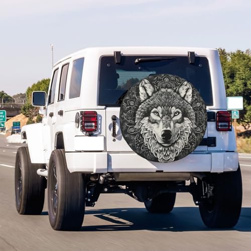Image of KiuLoam Black Vintage Mandala Wolf Spare Tire Cover Waterproof Dust-Proof Universal Sunscreen Wheel Tire Covers Fit for Trailer, RV, SUV and Many Vehicle 14 Inch