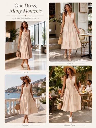 Image of BROVAVE Womens 2026 Summer Sleeveless Shirt Dress Collar Striped V Neck Casual Midi Dresses