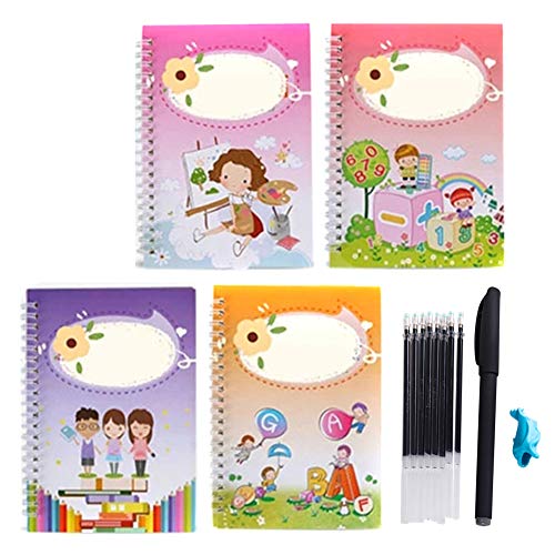 Dastrues - Juego de 4 cuadernos de ejercicios para niños (caligrafía mágica, que se pueden reutilizar, para niños, para la educación temprana, caligrafía temprana