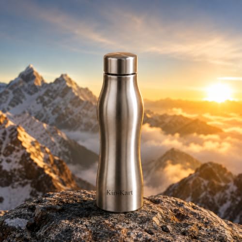 Image of Kin-Kart Water Bottles 1000 ml Stainless Steel Water Bottle 1 Litre | Eco friendly Steel BPA Free Leakproof Water Bottles for School, Office, Home, Gym (CURVES, SILVER)