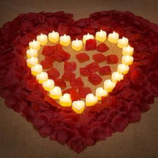 1000 Pieces Artificial Rose Petal with 24 Pieces Romantic Heart LED Candle Flameless Romantic Love LED Tealight Candle for Romantic Night Valentine's Day Anniversary Wedding Table Decor (Yellow)