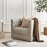 KINWELL 32'' W Genuine Leather Square Swivel Barrel Chair, Mid Century Modern Tufted Swivel Accent Chair for Living Room Bedroom, Office (Light Gray)