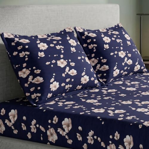 Image of Home Sizzler Microfibre 210TC Navy Blue Blossoms Elastic Fitted Double (72 X 78) Bedsheet with 2 Pillow Covers