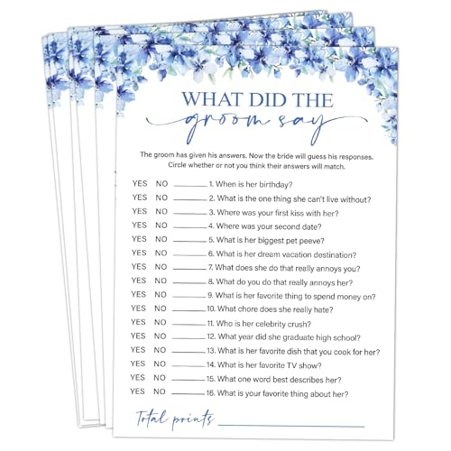 Image of What Did The Groom Say Bridal Shower Games, 25 Blue Floral Wedding Shower Game Cards Set, Engagement Party Game for Guests, Wedding Games for Reception, Minimalist Marriage Party Supplies-02