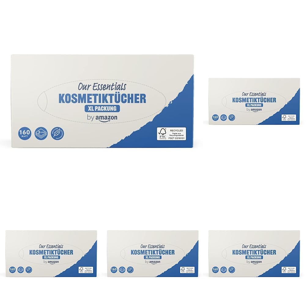 by Amazon Kosmetiktuchbox 3-lagig XL Packung, 160 Stück, 1er-Pack (Packung mit 5)