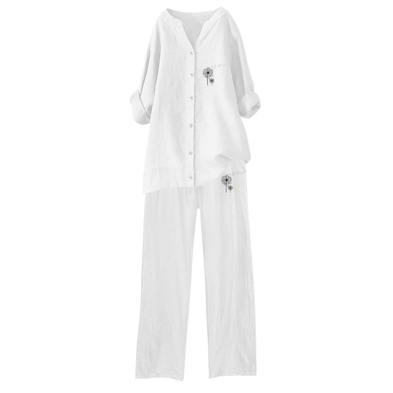 Ensemble Femme Pantalon Large Et Haut Tunique Longue Linen Sets Chic Elegant Chemise Vetement Grande Taille Homewear Tshirt Lin Ete Fluide Blanc Tenue D'intérieur Pull En Femmes
