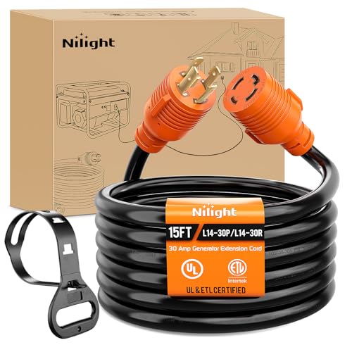 Image of Nilight 30 Amp 15FT Generator Extension Cord 125 /250V 7500 Watt Heavy Duty 10 Gauge Pure Copper STW Wire ETL Listed 4 Prong L14-30P L14-30R Cable for RV Camper Outdoor Use