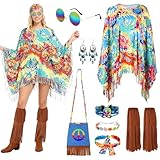 TOSZOLY Disfraz Hippie Mujer, Conjunto de Disfraz Hippie Años 60, Disfraces de Hippies para Mujery Otros Accesorios, Hippies Capa Años 70 de Discoteca para Fiestas y Halloween (Vistoso)