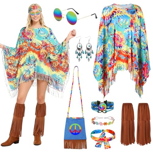 TOSZOLY Fantasia Hippie Feminina, Conjunto de Fantasia Hippie Anos 60, Fantasias de Hippies para Mulheres e Outros Acessórios, Capa Hippie Anos 70 de Discoteca para Festas e Halloween (Vistoso)