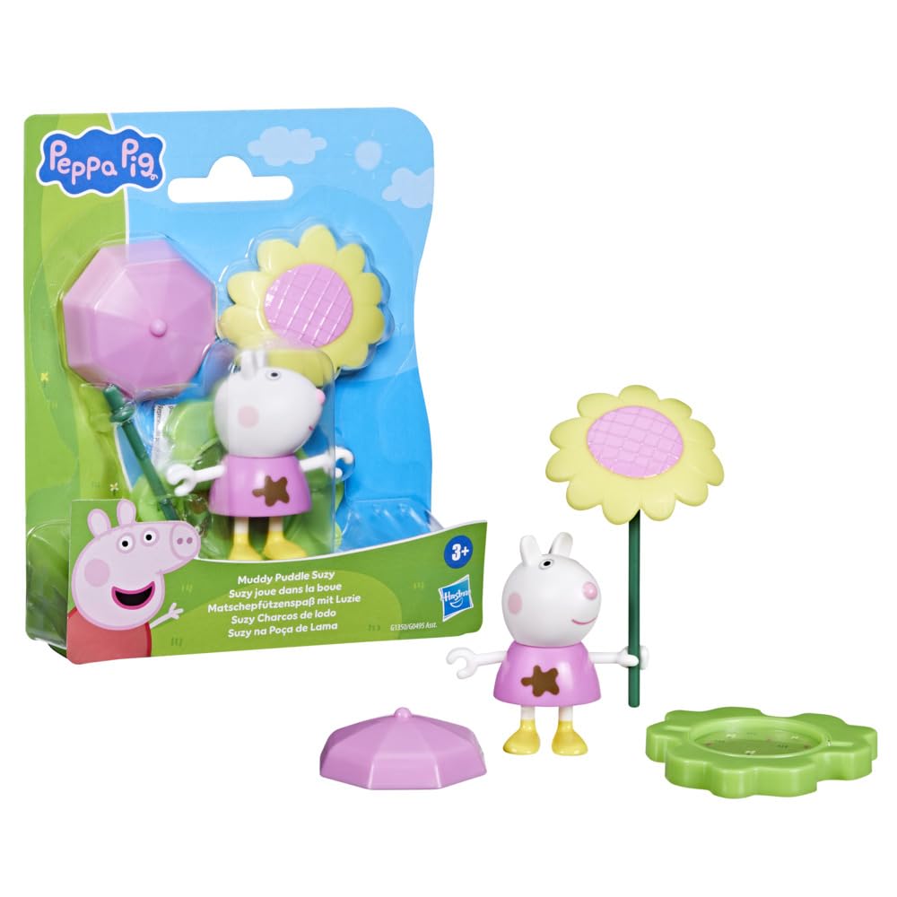 Peppa Pig Muddy Puddle Suzy Figure with Umbrellas and Flower Accessories, Preschool Toy for Girls and Boys from 3 Years