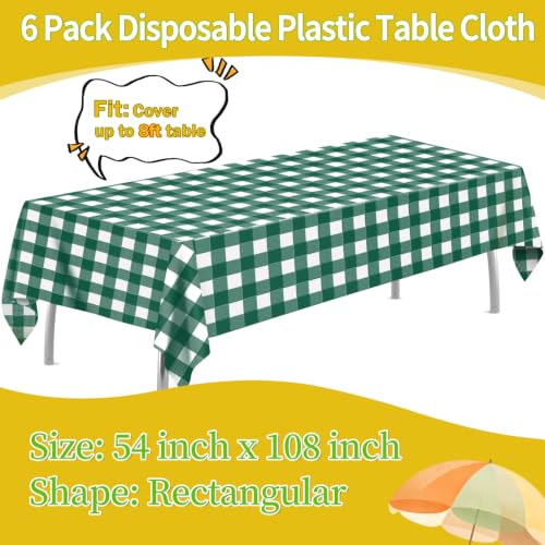 Image of tujol Dark Green and White Checkered 6 Pack Plastic Table Cloth 54 inch x 108 inch