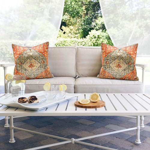 Penufilo Boho Throw Pillow Covers 18X18 Inch, Set Of 2 Orange Bohemian Throw Pillows Colorful Decorative Couch Pillow Covers, Floral Pattern Decorative Pillow Covers, Boho Pillow Covers For Bed Couch thumb #6