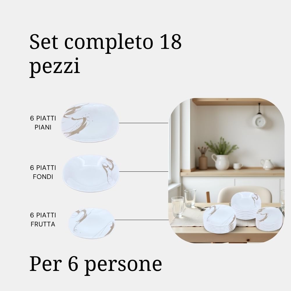 Set Piatti Porcellana 18 Pezzi per 6 Persone – Servizio da Tavola Moderno Bianco e Tortora – Lavabili in Lavastoviglie – Piatti Piani, Fondi e Dessert – Modello Ink Painting