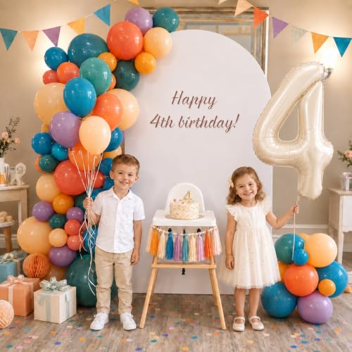 Image of 40 Inch Boho Rainbow Number 4 Balloon Tower for 4th Birthday Decorations