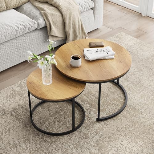 Smuxee Nesting Coffee Table Set of 2, 27.6 Round Coffee Table Wood Grain Top with Adjustable Non-Slip Feet, Industrial End Table Side Tables for Living Room Bedroom Balcony Yard
