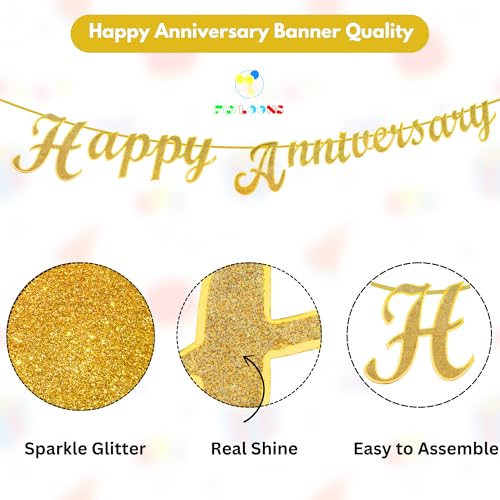 Image of Flyloons 2nd Happy Anniversary Banner Gold Decorations Kit for Men Women Wedding Anniversary Banner Items without Balloons