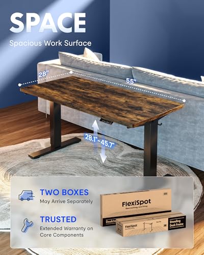 Image of FLEXISPOT EN1 One-Piece Standing Desk, Electric Adjustable with 4 Memory Presets, 176 LBS Capacity, Stable & Quiet, Seamless Desktop for Home Office & Dual Monitors, 55 inchx28 inch Rustic Brown