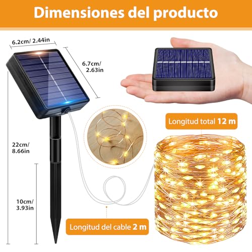 Miniatura 7 de Peasur Guirnaldas Luces Exterior Solar - 3-Pack 12 2m 120led Luces Solares Led Exterior Jardin Luces Navidad Exterior Solares Luz Solar Exterior Jardin Cadena Para Exteriores Decoracion Arbol, Cálido