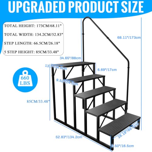 Image of RV Stairs 5 Step, RV Steps Anti-Slip, Hot Tub Steps with Handrail, 660 lbs Hot Tub Steps Step Ladder for 5th Wheel RV, Mobile Home Stairs, REL-0402