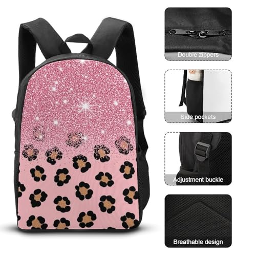 3 Pieces Mens Backpack with Reusable Insulated Lunch Bag Pencil Case Pink Glitter Sparkles Cheetah Leopard Print 17 Inch Travel College Daypack Stationery Pouch3