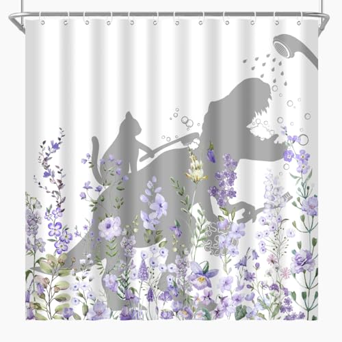 Image of Cat Dinosaur Shower Curtain Funny Cat Help Dino Bathe Behind Purple Wildflowers Blossom Trex Silhouette Shadow for Kids Bathroom Decor Waterproof Polyester Fabric 72Lx72W Inch with Hooks